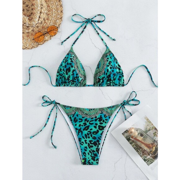 Size 14 Green Leopard Print Stretch Tie Side Halter Triangle Bikini Swimsuit - Picture 3 of 6